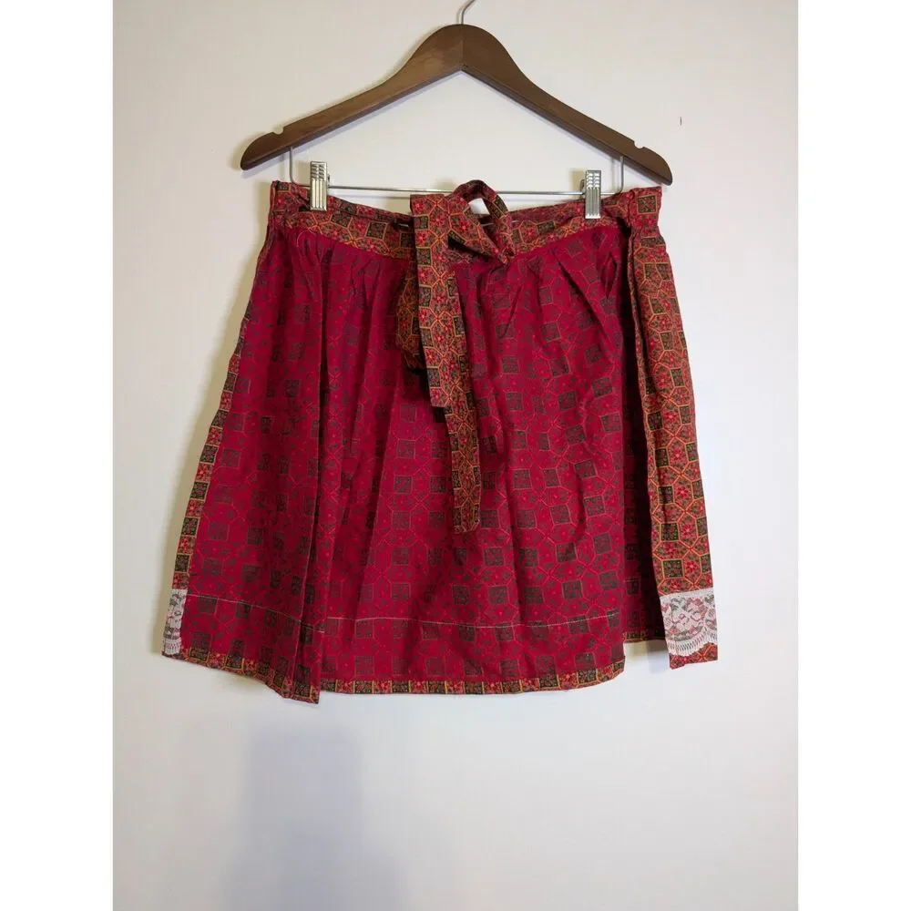 Vintage Handmade Christmas Apron Red Geometric Floral Lace Trim Cottagecore